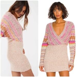 NWT Free People Forever Fairisle Sweater Dress in Strawberry Combo XS